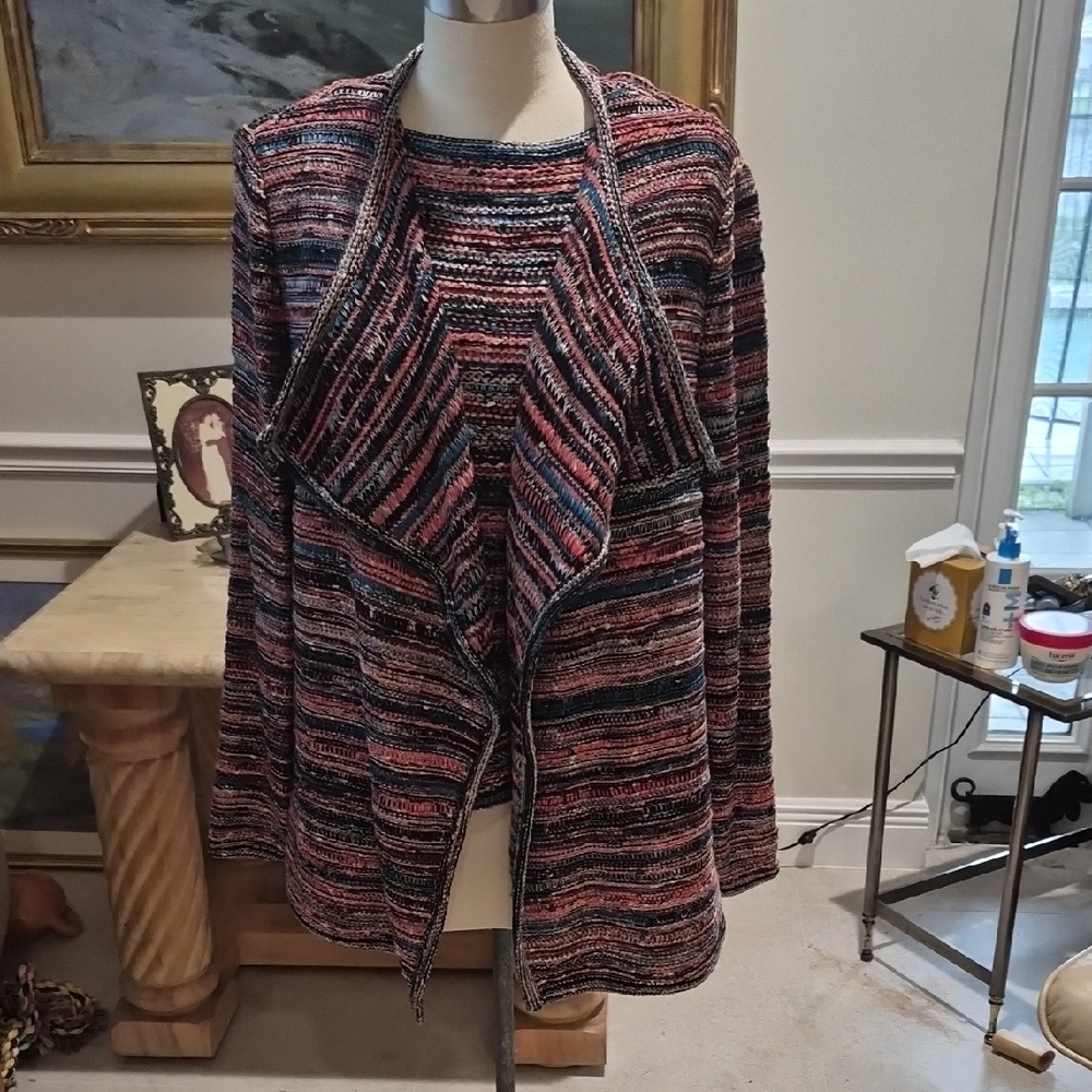 St. John 2-Piece Multicolor Open Front Cardigan and Shell XL